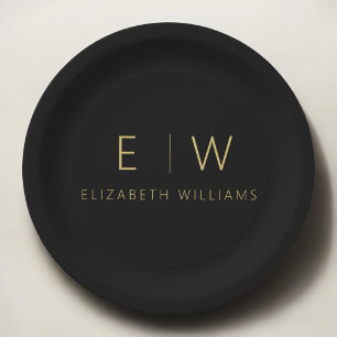Classic Black Gold Minimalist Black Monogram Paper Plate