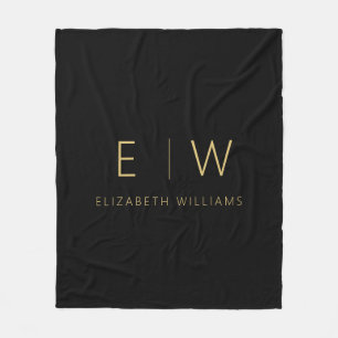 Classic Black Gold Minimalist Monogram Name Fleece Blanket