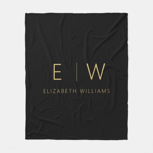 Classic Black Gold Minimalist Monogram Name Fleece Blanket (Front)