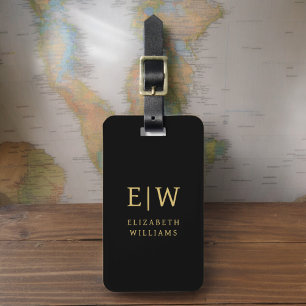 Classic Black Gold Minimalist Monogram Name Luggage Tag