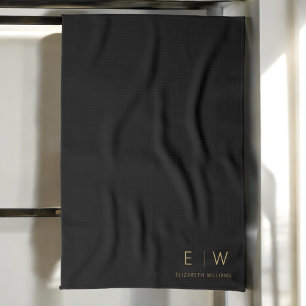 Classic Black Gold Minimalist Monogram Name Tea Towel