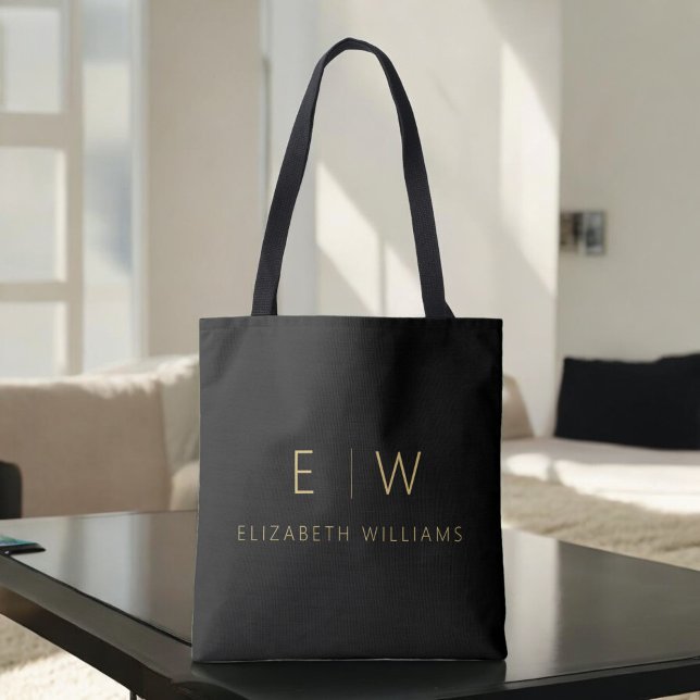 Classic Black Gold Minimalist Monogram Name Tote Bag (Creator Uploaded)