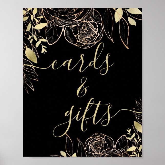 Classic Black & Gold Modern Floral Cards & Gifts Poster (Front)