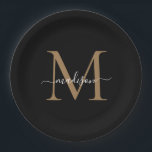 Classic Black Gold Monogram Modern Script Name Paper Plate<br><div class="desc">Simple Modern Black Gold Monogram Modern Feminine Script Name Paper Plate</div>