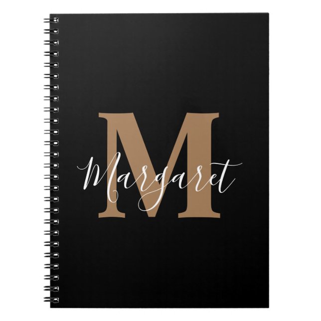 Classic Black Gold Monogram Script Name Notebook (Front)