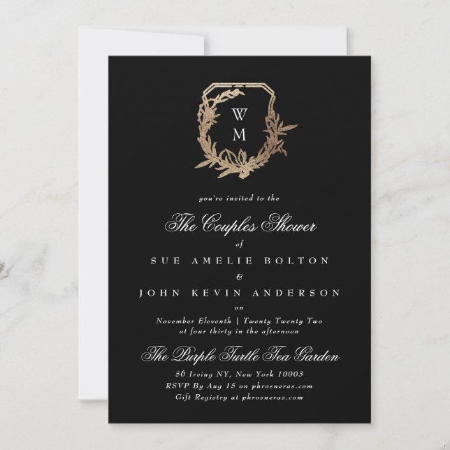 classic black gold motif monogram couples shower invitation (Front)