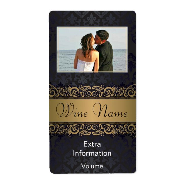 Classic Black Gold Pattern Wine Label With Kisses (Front)