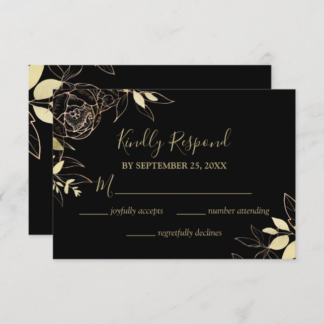 Classic Black & Gold Peony Modern Floral Wedding RSVP Card (Front/Back)