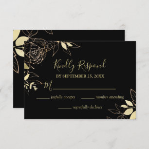 Classic Black & Gold Peony Modern Floral Wedding RSVP Card