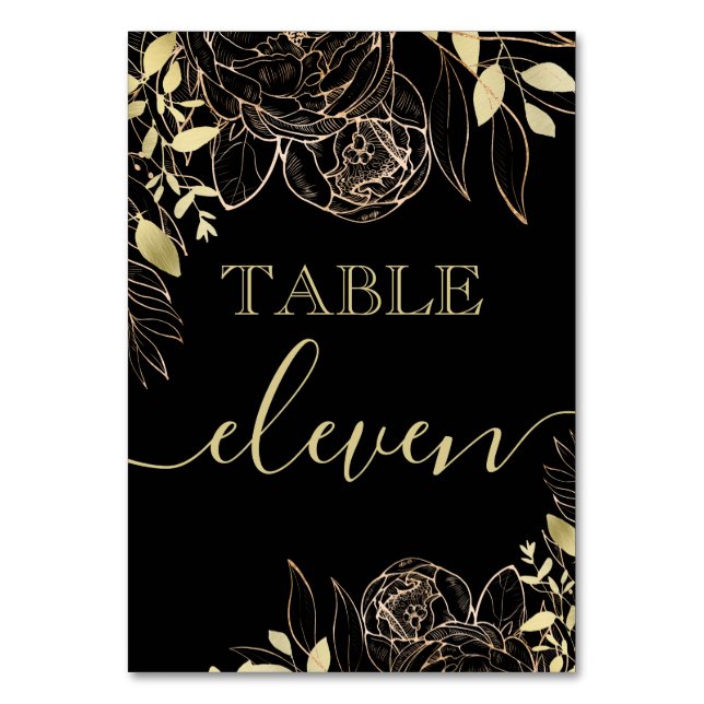 Classic Black & Gold Peony Modern Floral Wedding Table Number (Front)
