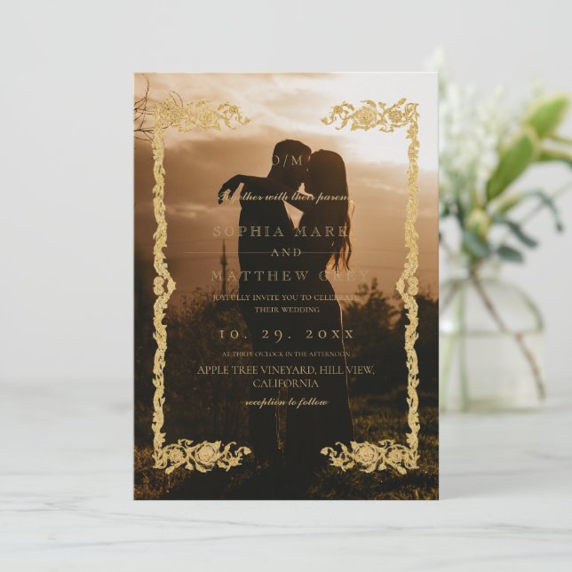 Classic Black & Gold Photo Wedding Invitation (Standing Front)