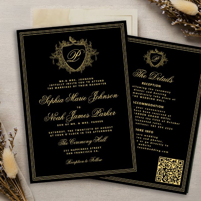 Classic black gold QR formal monogram wedding  Invitation (Creator Uploaded)