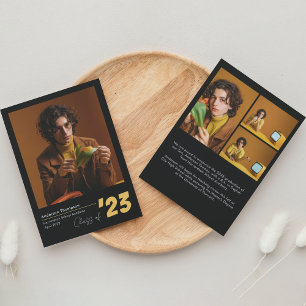 Classic Black Gold Script Photo Collage Graduation Announcement