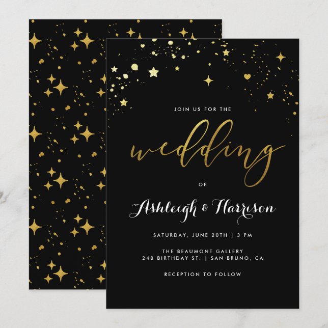 Classic Black & Gold Star Confetti Wedding Invitation (Front/Back)