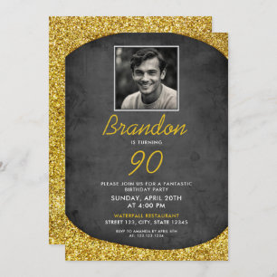 Classic Black & Gold Vintage Photo 90th Birthday Invitation