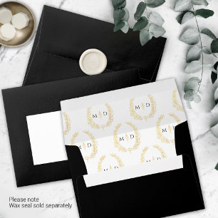 Classic black gold white monogram wreath wedding envelope