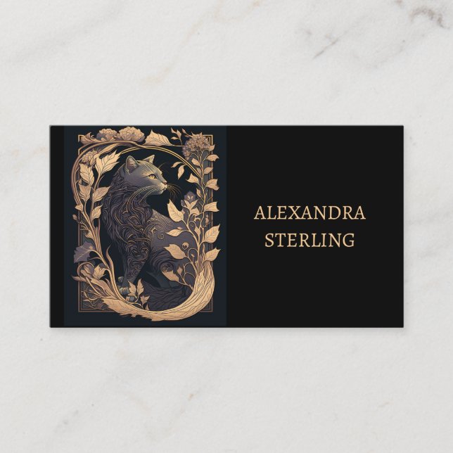 Classic Black Golden Art Nouveau Profile Cat Business Card (Front)