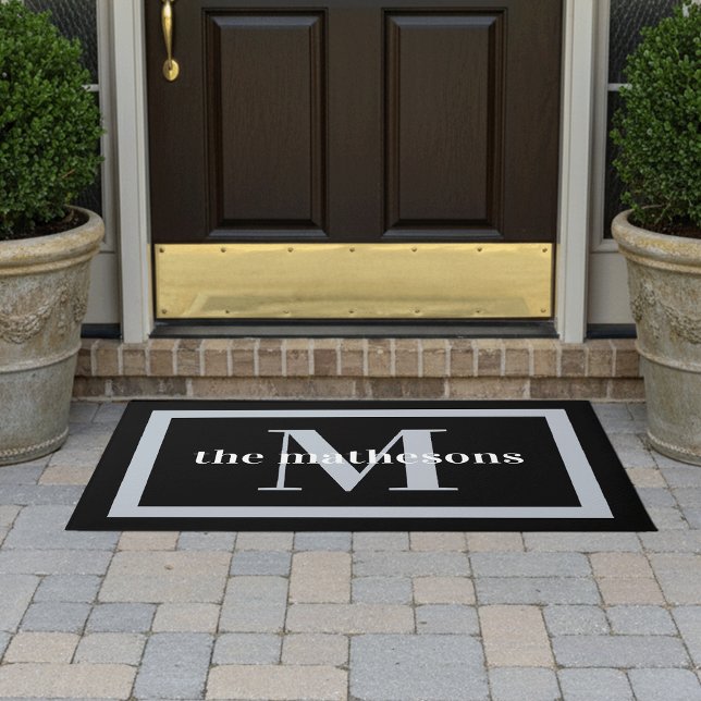 Classic Black & Grey Family Name & Monogram Doormat (Creator Uploaded)