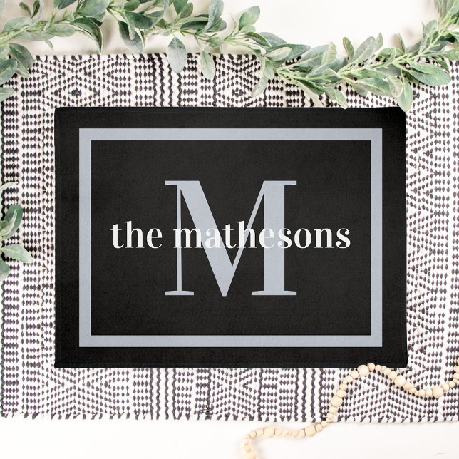 Classic Black & Grey Family Name & Monogram Doormat (Creator Uploaded)