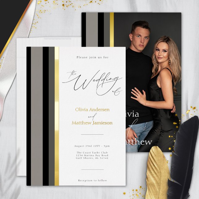 Classic Black Grey Gold Stripes Typography Wedding (Creator Uploaded)