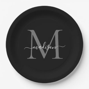 Classic Black Grey Monogram Modern Script Name Paper Plate