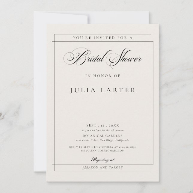 Classic Black Ivory Calligraphy Bridal Shower Invitation (Front)