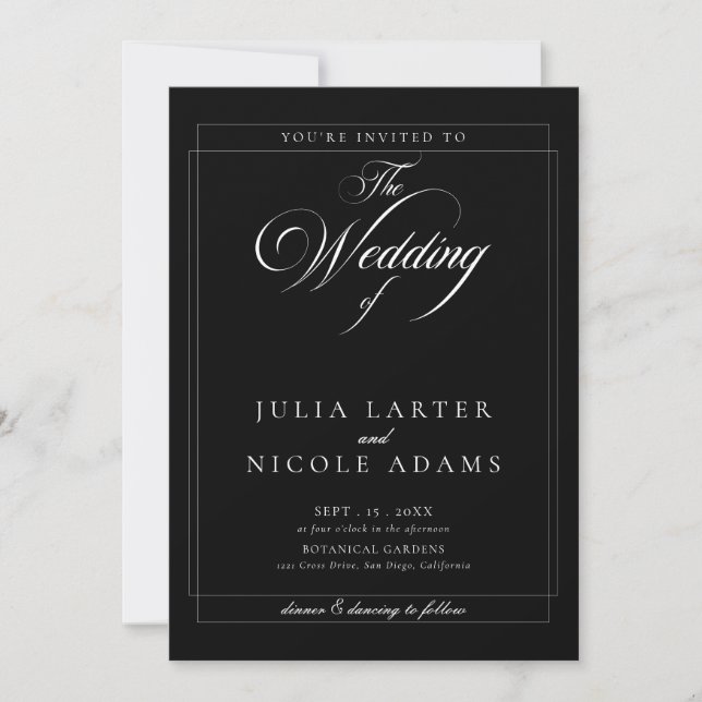 Classic Black Ivory Calligraphy Photo Wedding Invitation (Front)
