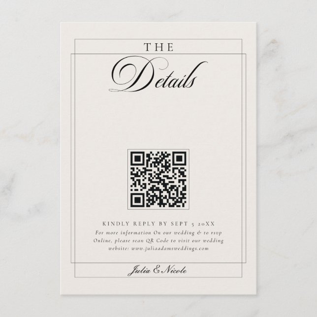Classic Black Ivory Calligraphy QR Code Details Enclosure Card (Front)