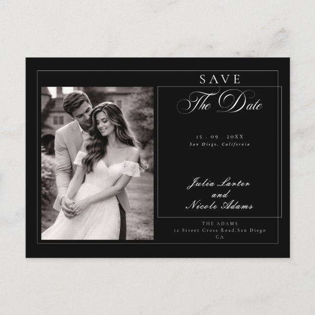 Classic Black Ivory Calligraphy Save The Date Postcard (Front)
