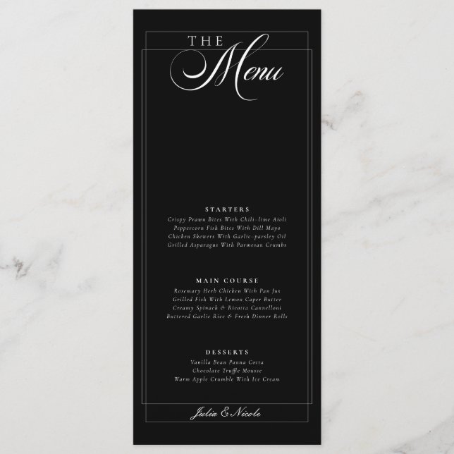 Classic Black Ivory Calligraphy Wedding Menu (Front)