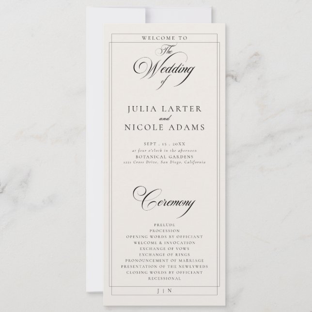 Classic Black Ivory Calligraphy Wedding Program (Front)
