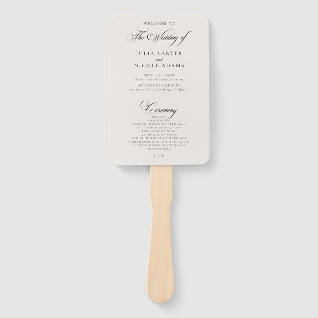 Classic Black Ivory Calligraphy Wedding Program Hand Fan (Front)