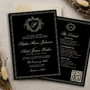 Classic black ivory QR formal monogram wedding  Invitation