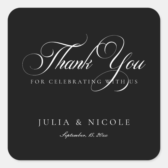 Classic Black Ivory Script Calligraphy Wedding Square Sticker (Front)
