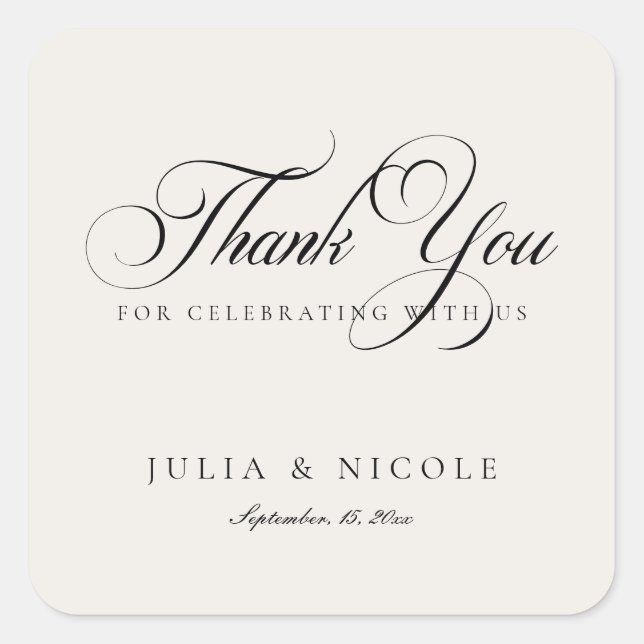 Classic Black Ivory Script Calligraphy Wedding Square Sticker (Front)