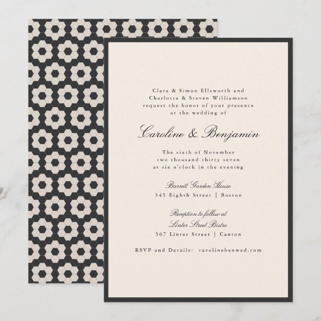 Classic Black Ivory Script Geometric Tile Wedding Invitation (Front/Back)