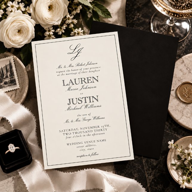 Classic Black & Ivory Script Monogram Wedding Invitation (Creator Uploaded)