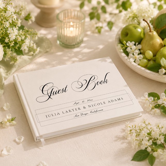 Classic Black Ivory White Calligraphy Wedding Guest Book (Creator Uploaded)