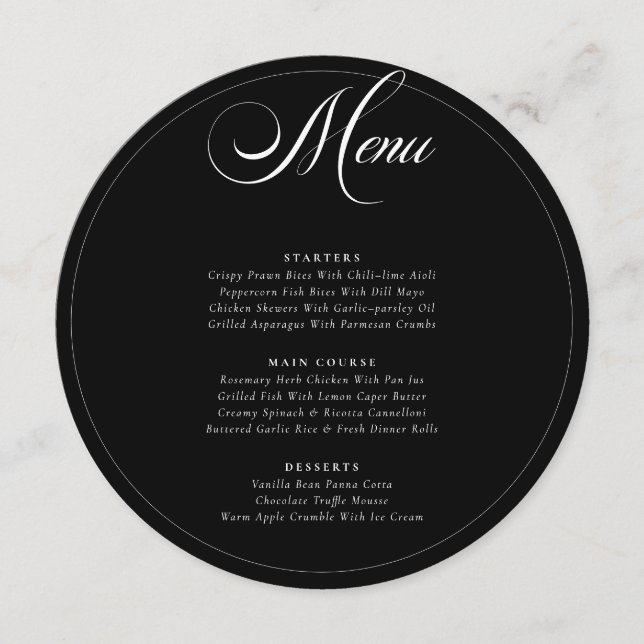 Classic Black Ivory White Calligraphy Wedding Menu (Front)