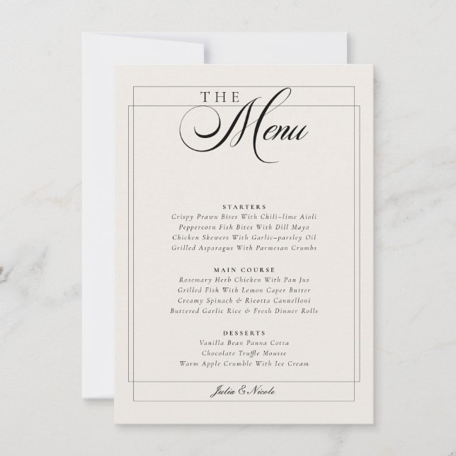 Classic Black Ivory White Calligraphy Wedding Menu Invitation (Front)