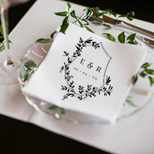 Classic Black Leafy Crest Wedding Monogram Napkin