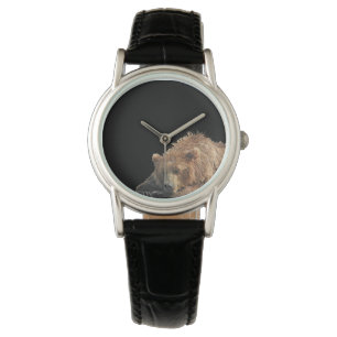 Classic Black Leather watch with grizzly bear