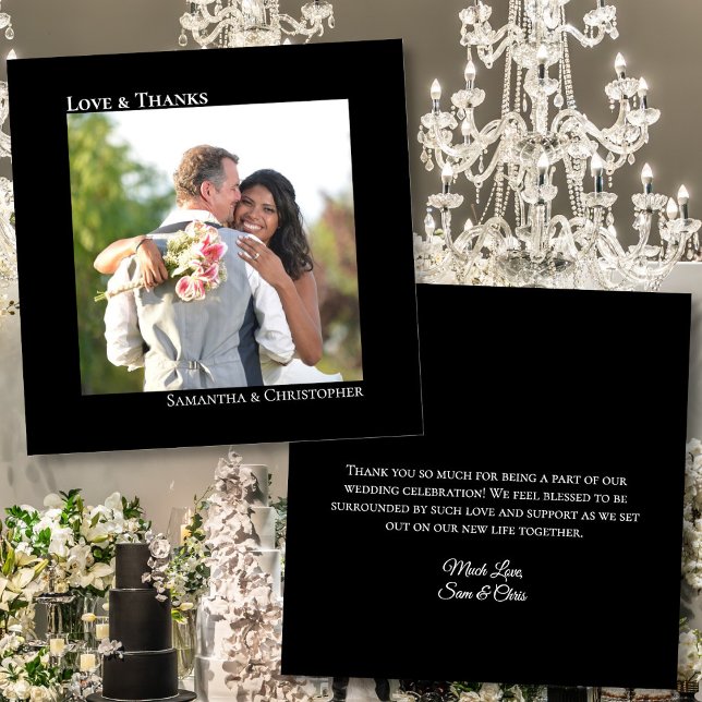 Classic Black Love & Thanks Photo & Note Wedding Thank You Card (Front/Back)