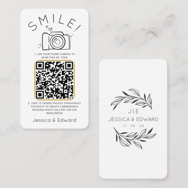 Classic Black Memorable Photos Qr Code Wedding Place Card (Front/Back)