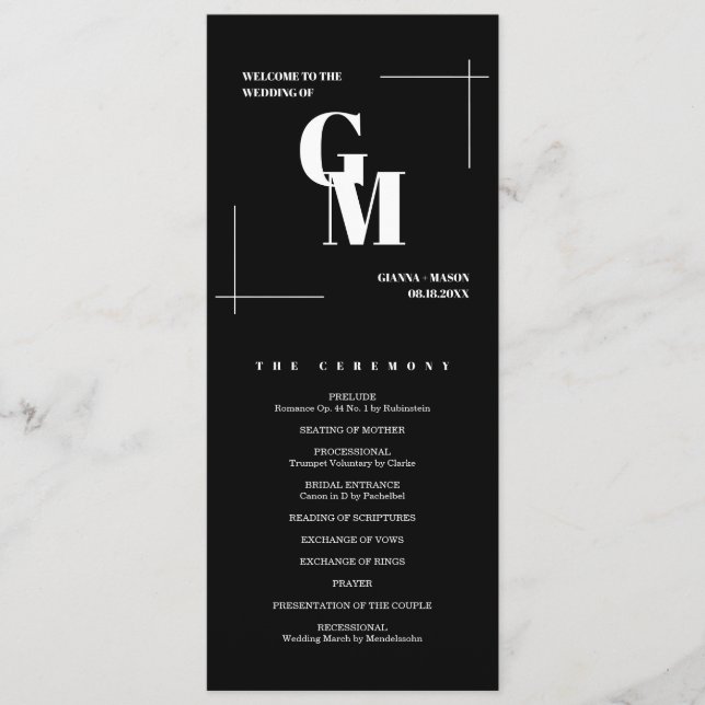Classic Black Modern Chic Monogram QR Code Wedding Programme (Front)