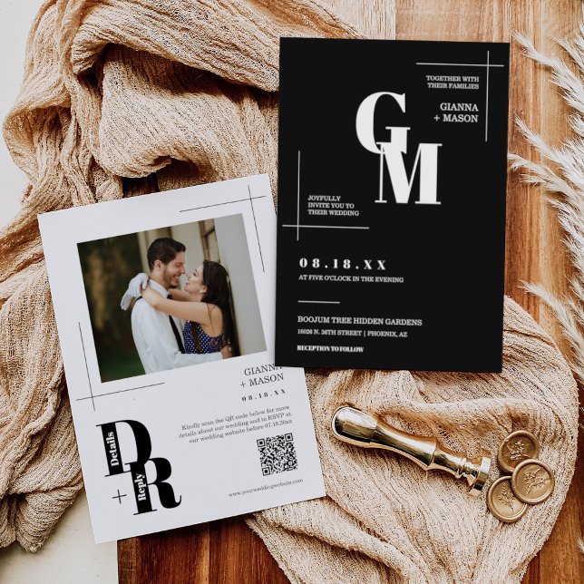Classic Black Modern Minimal Wedding QR Code Photo Invitation (Creator Uploaded)