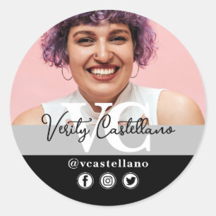 Classic Black Modern Script Name & Custom Photo Round Sticker