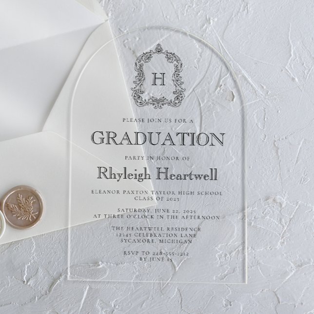 Classic Black Monogram Crest Arch Graduation Party Acrylic Invitations (Creator Uploaded)