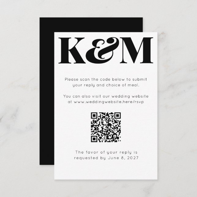 Classic Black Monogram Wedding QR Code Online RSVP Card (Front/Back)