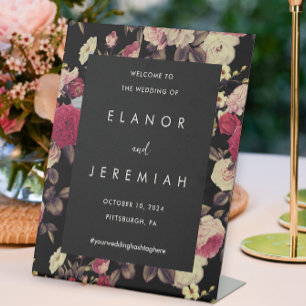 Classic Black Moody Floral Wedding Welcome Pedestal Sign
